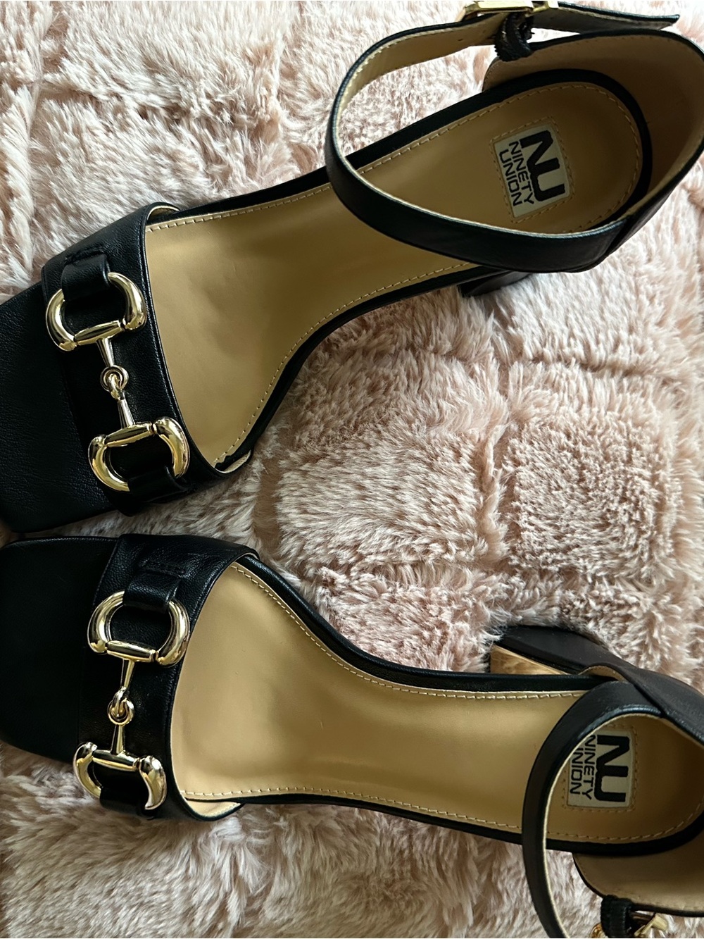 NU by Nine West Black Leather Ankle-Strap Heels with Gold Buckle Accents